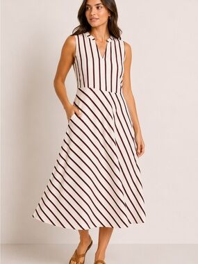 Chico's Cream Midi Dress with Burgundy Stripes